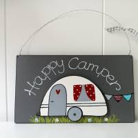 Camping Schild aus Holz mit Wohnwagen Camper dunkelgrau Bild 1