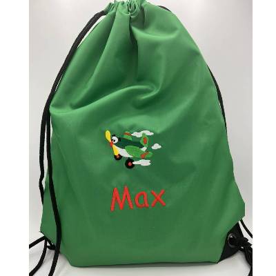 Turnbeutel mit Motiv * Flugzeug * (#Nr.33) + Namen / Wäschebeutel bestickt