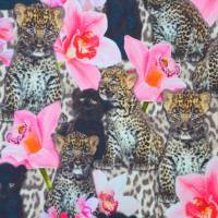 Jersey mit Leoparden scharzen Panthern Orchideen 50 x 150 cm Nähen Stoff Raubkatze Digitaldruck Bild 1