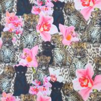 Jersey mit Leoparden scharzen Panthern Orchideen 50 x 150 cm Nähen Stoff Raubkatze Digitaldruck Bild 2