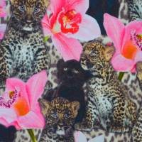 Jersey mit Leoparden scharzen Panthern Orchideen 50 x 150 cm Nähen Stoff Raubkatze Digitaldruck Bild 3