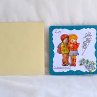 Glückwunschkarte zum Schulanfang Junge und Mädchen blau-beige (2) Bild 2