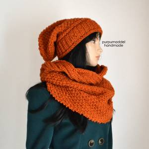 Hat and Scarf SET LONG Beanie,SLouch, Scarf, Winter, Hat, Knitting!Chunky!orange! Bild 5