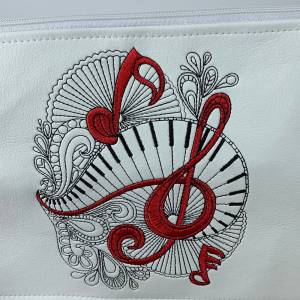 la musica Milow Tasche Handtasche Umhängetasche aus tollem Kunstleder weiß und rot handmade bestickt Musik Noten Klavier Bild 2