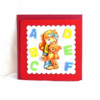 Glückwunschkarte zum Schulanfang Mädchen mit Bär rot-rot mit Filzbuchstaben A-F (4) Bild 1