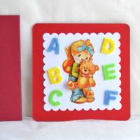 Glückwunschkarte zum Schulanfang Mädchen mit Bär rot-rot mit Filzbuchstaben A-F (4) Bild 2