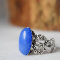 filigraner Ring mit Jade Blau, Oval, Statement verstellbar Ring Edelstein, Ornament, Antik Silber, Steinring, Schmuck Bild 2