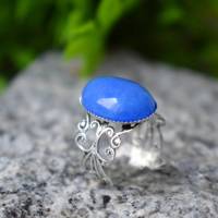 filigraner Ring mit Jade Blau, Oval, Statement verstellbar Ring Edelstein, Ornament, Antik Silber, Steinring, Schmuck Bild 3