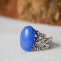 filigraner Ring mit Jade Blau, Oval, Statement verstellbar Ring Edelstein, Ornament, Antik Silber, Steinring, Schmuck Bild 6