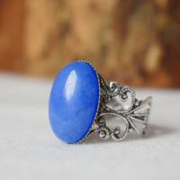 filigraner Ring mit Jade Blau, Oval, Statement verstellbar Ring Edelstein, Ornament, Antik Silber, Steinring, Schmuck Bild 7