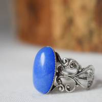 filigraner Ring mit Jade Blau, Oval, Statement verstellbar Ring Edelstein, Ornament, Antik Silber, Steinring, Schmuck Bild 8