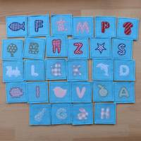 Buchstaben-Memo, Merkspiel, 14 Kartenpaare mit Beutel, Biobaumwolle/Filz, genäht, Handarbeit Bild 1