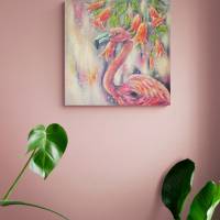 FLAMINGO WITH TROPICAL FLOWERS - Leinwandbild 50cmx50cm mit tropischen Blüten, Künstlerin Christiane Schwarz Bild 3