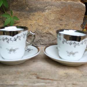 2 antike Kaffeetassen Silberbraut Silberbräutigam Spruchtasse Tasse Sammeltasse  um 1900 Bild 2