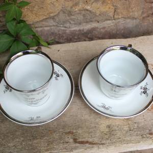 2 antike Kaffeetassen Silberbraut Silberbräutigam Spruchtasse Tasse Sammeltasse  um 1900 Bild 3