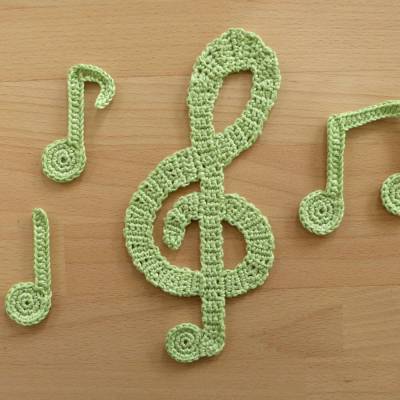 Häkelanleitung Notenschlüssel und Noten, Applikation, pdf-Datei