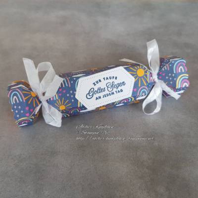 Knallbonbon-Schachtel zur Taufe ~ Regenbogen & Sonne ~ ca. 13 x 3 cm (befüllbar: ca. 8x3cm)