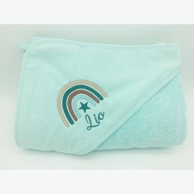 Kapuzenbadetuch Baby Kind Regenbogen personalisiert Mädchen Junge 3 Farben rosa grau mint Kapuzenhandtuch 100x100