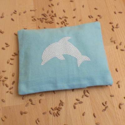 Wärmekissen Dinkelkissen mit Delfin-Applikation, mit Inlett, 17 x 13 cm, türkis, Biobaumwollflanell, Handarbeit 