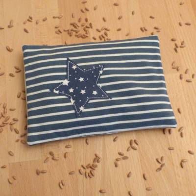 Wärmekissen Dinkelkissen mit Streifen und Sternen, mit Inlett, 18 x 13 cm, blau, Biobaumwolljersey, Handarbeit 