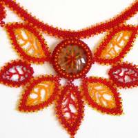 Blätter Schmuckset mit Glascabochon - Collier + Ohrringe; rot-orange Bild 2