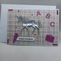 Grußkarte zur Einschulung, "Endlich Schulkind", rosa/pink, Einhorn Bild 3