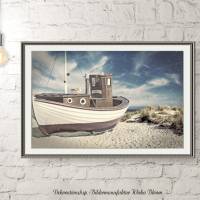 Fischerboot maritimes Wandbild auf Holz Leinwand Kunstdruck Wanddeko Meer Möwe Küste Landhausstil Shabby Chic kaufen Bild 2