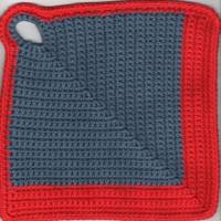 T0055 gehäkelt 2 Topflappen Baumwolle Handarbeit jeansfarben mit rot Küche Bild 2
