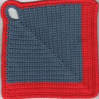 T0055 gehäkelt 2 Topflappen Baumwolle Handarbeit jeansfarben mit rot Küche Bild 3
