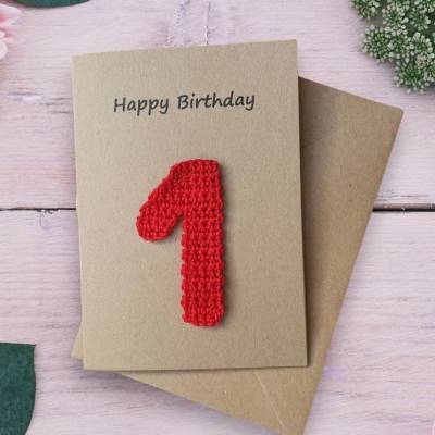 Handgemachte Geburtstagskarte mit gehäkelter Zahl – Glückwunschkarte für Kinder