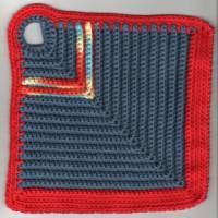 T0050 gehäkelt 2 Topflappen Baumwolle Handarbeit jeansfarben rot blau gelb Küche Bild 3