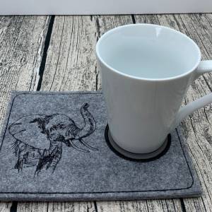 Elefant - Filz Untersetzer Tassenuntersetzer Tassenteppich MugRug Polyesterfilz grau bestickt Tischdeko praktisch Bild 1