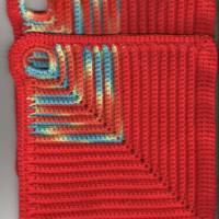 T0043 gehäkelt 2 Topflappen Baumwolle Handarbeit blau rot gelb mit rot Küche Bild 1