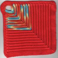 T0043 gehäkelt 2 Topflappen Baumwolle Handarbeit blau rot gelb mit rot Küche Bild 2
