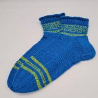 Gestrickte Socken in blau hellgrün , Gr. 40/41, romantische Fairisle Herzen im Schaft, handgestrickt Bild 2