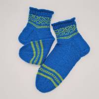 Gestrickte Socken in blau hellgrün , Gr. 40/41, romantische Fairisle Herzen im Schaft, handgestrickt Bild 4