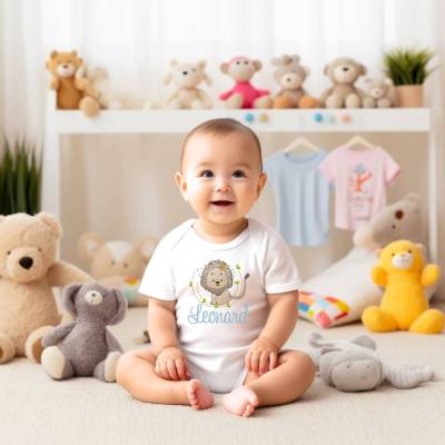 Bestickter Baby Body mit Löwe als Geschenk zur Geburt Taufe Pate personalisiert mit Name Geschenkidee für Mädchen und Ju