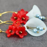 Ohrringe, Kirschblüten, hellblau, rot, Creolen Bild 1
