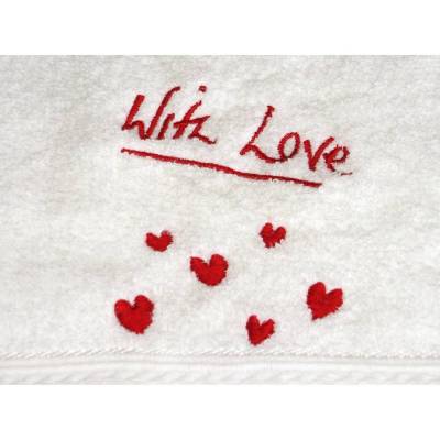 Gästehandtuch With Love in weiß bestickt mit roten Herzchen