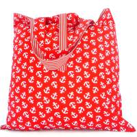 maritimer Einkaufsbeutel mit weißen Ankern auf rot, faltbar, Stofftasche, Baumwollbeutel Bild 1