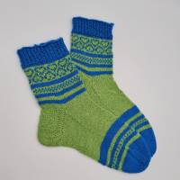 Gestrickte Socken in lindgrün blau Gr. 38/39, romantische Fairisle Herzen im Schaft, handgestrickt Bild 6