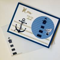 Für Meer Fans - Maritime Grußkarte mit Anker, Leuchtturm, Möwe und Seilen Handmade Bild 1