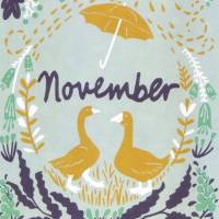 10 Postkarten, Monatskarte November mit Gänsepaar unter Regenschirm Bild 1