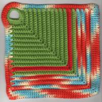 T0047 gehäkelt Baumwolle Handarbeit hellgrün blau rot gelb 2 Topflappen Küche Bild 2