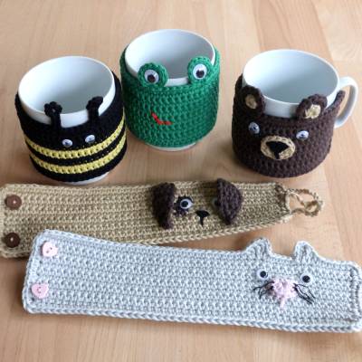 Häkelanleitung Tassenwärmer Tiere: Bär, Hund, Katze, Frosch und Biene, pdf-Datei