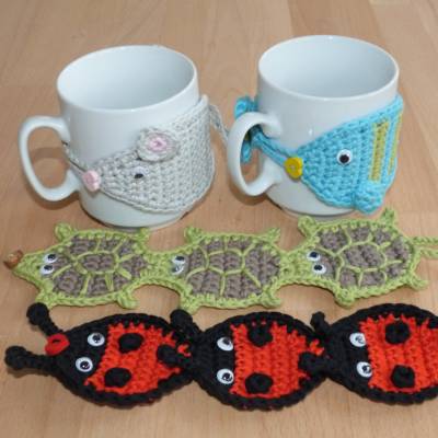 Häkelanleitung Tassenwärmer Tiere: Maus, Fisch, Schildkröte und Marienkäfer, pdf-Datei