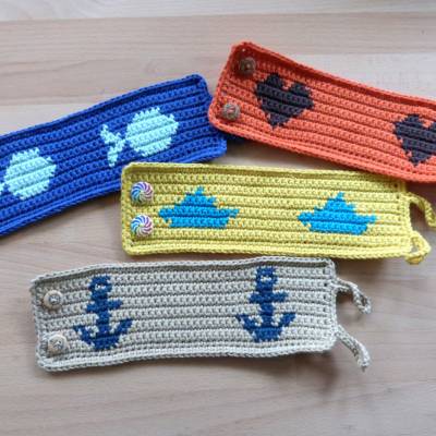 Häkelanleitung Tassenwärmer mit 4 Motiven: Anker, Herz, Fisch und Papierschiff, pdf-Datei