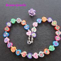 Kinderkette bunt Herz Perlen mit Blumen Kinder Kette Herzkette PolymerClay Mädchenkette Bild 3