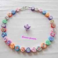 Kinderkette bunt Herz Perlen mit Blumen Kinder Kette Herzkette PolymerClay Mädchenkette Bild 5