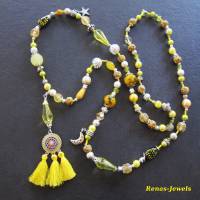 Bettelkette Kette lang gelb silberfarben mit Quasten Anhänger Perlenkette Boho Ethno Ibiza Hippie Kette Handgefertigt Bild 1